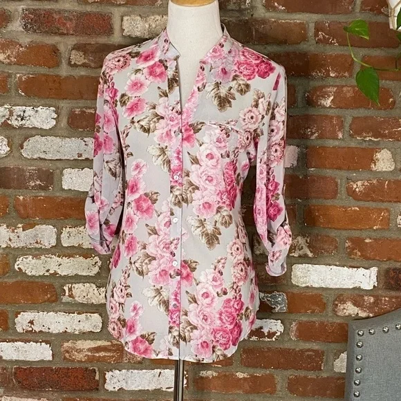 Kut From The Kloth Floral Blouse In Flower Fields pink gray size small NWT - Picture 2 of 7